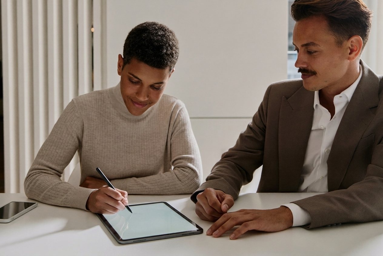 Un client signe son contrat sur tablette, en confiance, accompagné de son conseiller.
